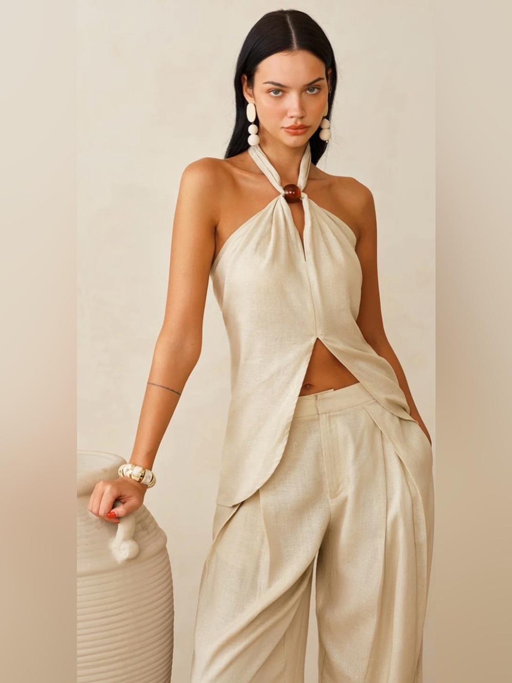Commense Cream Halter Knot Front Camisole & Matching Pants